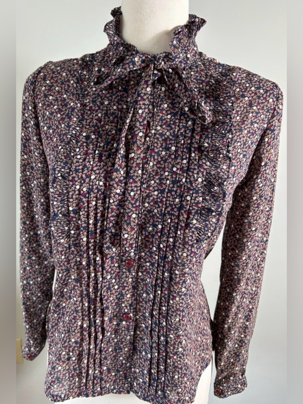 Floral Ruffled Tie-Neck Blouse in Navy and Pink, Size S
